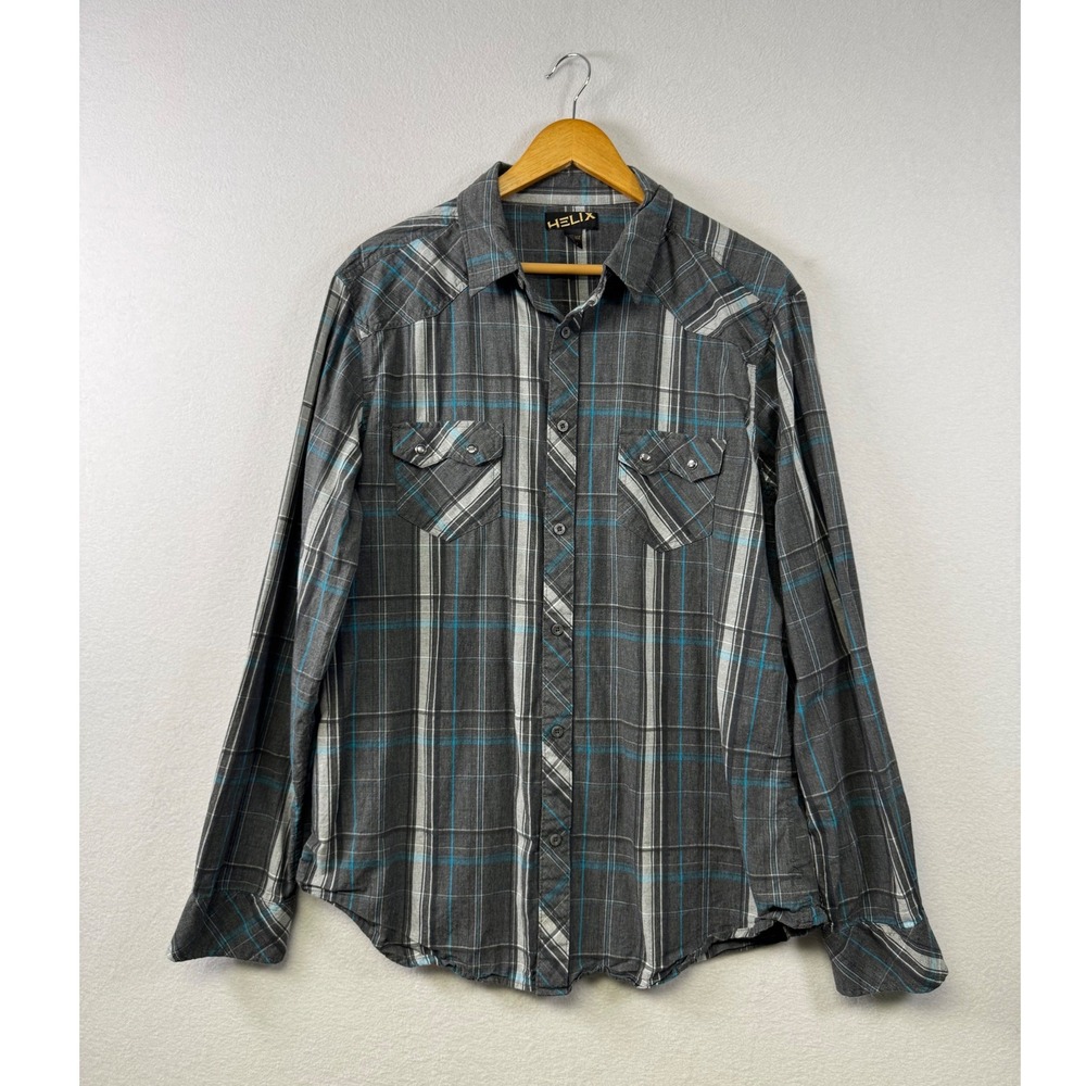 Helix Western‎ Plaid Shirt Mens XL Grey Blue Long Sleeve Snap Button Up Cowboy
